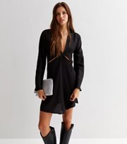 New Look Black Satin Knot Front Cut Out Long Sleeve Mini Dress